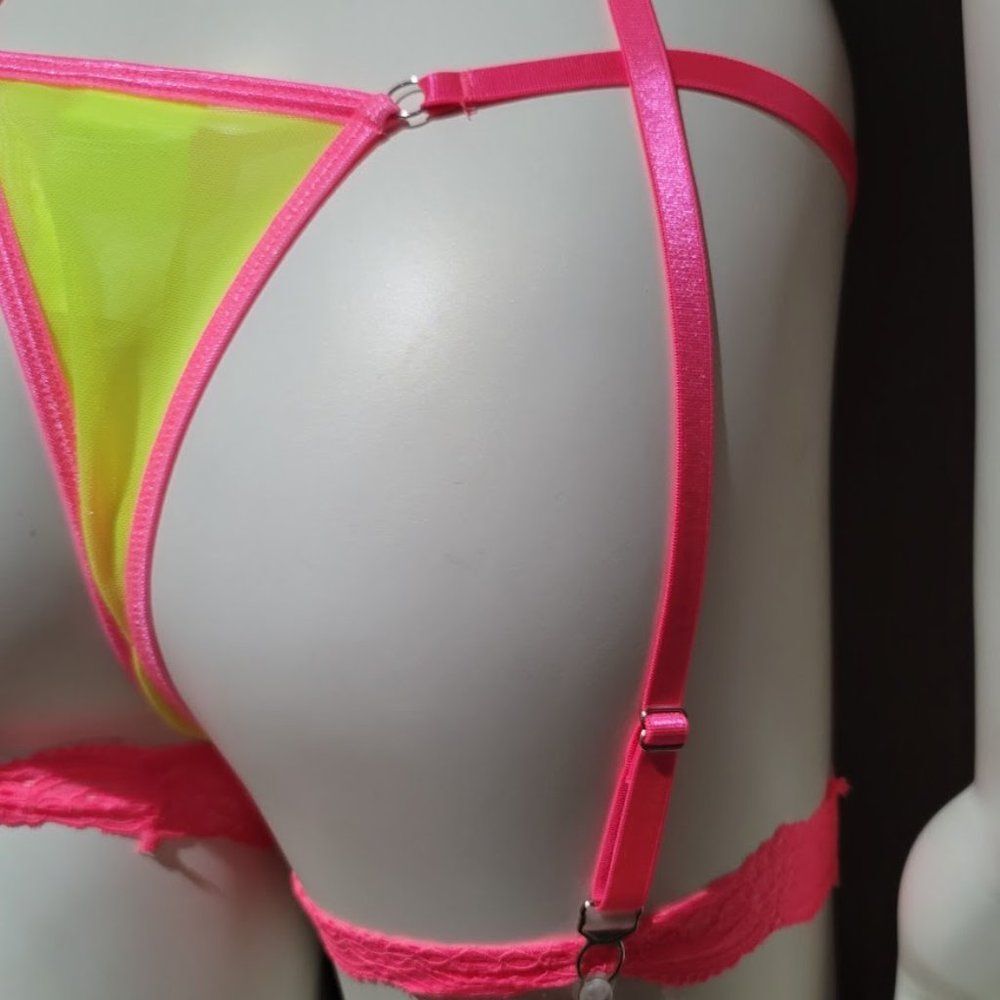 Neon Lace Trim Underwire Garter Lingerie Set - Picture 5 of 11